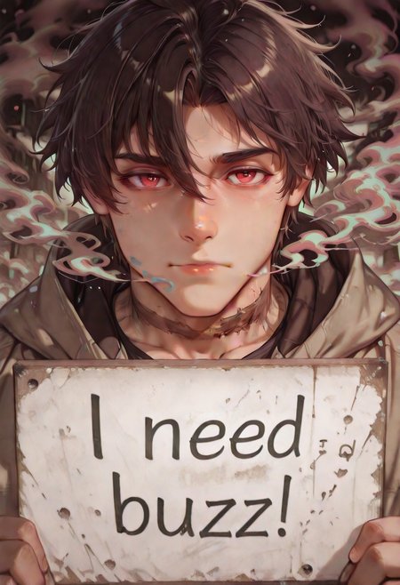 artist:moriimee,,colorful smoke, masterpiece, best quality, 1boy,young boy ,teenage solo ,closed mouth,need_buzz, holding sign,shinei nozen ,brown hair,red eyes,scar on neck