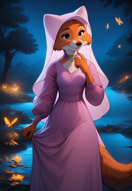 safe_pos, score_9, score_8_up, score_7_up, source_furry, rating_explicit, furry \(style\), toon \(style\), high-definition, masterpiece, best-quality, 4k, 2k, aburdres, perfect shadows, sharp focus, bokeh, extremely detailed CG unity 8k wallpaper, on model, flat color, upper body, MarianC, female, orange fur, brown eyes, brown nose, tail, pink wimple, broochC, purple dressC, pink chemiseC, outdoors, night, forest, lake, fireflies, light particles, soft glow,  Expressiveh