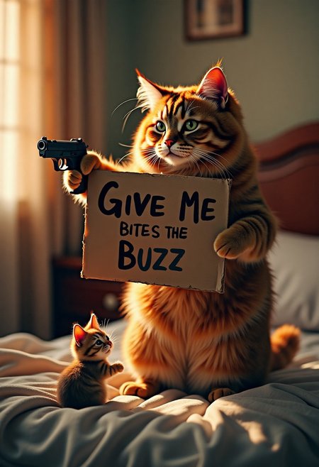 Realistic Dark Action movie poster with the title "The Last Buzz: Another one Bites the Buzz", masterpiece, Photorealistic scene, a big cute puffy adult cat standing on its hind legs in a bedroom, holding a cardboard sign in one paw that reads 'Give Me Buzz' in bold, hand-scrawled letters. In the other paw, the cat grips a realistic pistol, pointing it playfully at a small,high quality, absurdres, realistic, cinematic, epic,