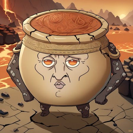 score_9, score_8_up, score_7_up BREAK source_cartoon, <lora:ifalexander:1> RythIFAlexanderPony, Alexander \(Elden Ring\), pot guy, outdoors, lava  <lora:handsomize_x_pdxl_v1:1.2> handsomize, <lora:Doro_X_PDXL_V1:0.8>  [doro, creature, ;3, chibi::0.6], standing, orange eyes, handsome, colored skin, cracked skin
