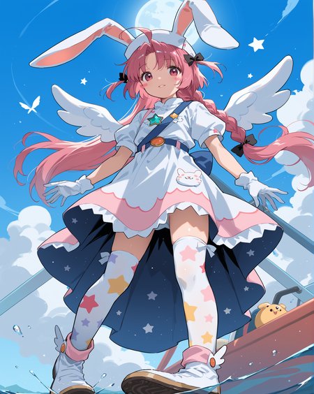 PonyScores7, source_anime, ah1, 1girl, lips, bad-hands-5, <lora:xl_more_art-full_v1:0.2>, <lora:shinyskin2:0.2> glistening skin, <lora:aesthetic_anime_v1s:0.2>, <lora:Expressive_H:0.2> Expressiveh, <lora:hairdetailpxl:0.2> hairdetailpxl, <lora:EpicF4nta5yXL:0.2>, <lora:detailxl:0.2> detailxl, <lora:Fant5yP0ny:0.2>, best quality, amazing quality, best aesthetic, absurdres, <lora:expressive eyes:0.2> expressive eyes, <lora:eyedetailpxl:0.2> eyedetailpxl, illustration, Volumetric_Lighting, ultra-detailed, very aesthetic, intricate details, 8k, masterpiece, best_quality, (Insulted), (Low angle view medium Close shot (focus on waist)), (Spooky, ghostly greenhouse), (a romantic kiss during a scenic boat ride), <lora:Eyes_High_Definition:0.3> EyesHD, looking at viewer,  Stable_Yogis_PDXL_Positives, AS-Adult, <lora:nakahara_komugi_pony_v1:0.8> nakahara_komugi, pink hair,hat, animal ears, braid, pink eyes, ahoge, long hair, rabbit ears, wings, star print, jewelry, star (symbol), dress, white gloves, stickers, zettai ryouiki, print thighhighs, winged footwear,