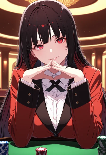 masterpiece, best quality, 1girl, solo, jabami yumeko, long hair, black hair, bangs, himecut, , indoors, casino, pov across table, upper body, elbows on table, elbow rest, head tilt, red eyes, hyakkaou academy school uniform, long sleeves, blazer, red jacket, suit jacket, black skirt, plaid skirt, pleated skirt, white shirt, collared shirt, black neck ribbon, table, looking at viewer, poker chip, steepled fingers, own hands together, hands up, v-shaped eyebrows, smile, parted lips