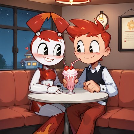 score_9, score_8_up, score_7_up, Jenny, hot rod jenny, red hair, black eyes, gray navel, orange flame accents, joints, android, ((red crop top)), red skirt, red knee boots, blush, sitting, smile, happy, holding hands, detailed background, <lora:Jenny_Wakeman_PDXL_V2:1>, BREAK, sitting at table, male, human, brad, red hair, white shirt, black vest, black eyes, pants, sharing milkshake, drinking, duo, sharing drink, glowing_lora, cafe, 50s style diner, milkshake, indoors, heart reaction, blushing, night, glowing, blush stickers, (((glowing_blush)))