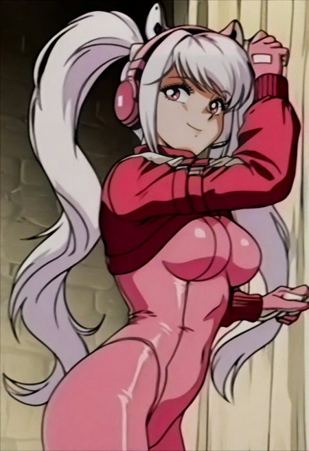 masterpiece, best quality, solo, looking at viewer, 1girl, smile, <lora:FeOVA_GLoRA-illus_Fp:1>, retro artstyle,  <lora:alice-nikke-richy-v1_ixl:1>, alicedef, pink eyes, white hair, twintails, very long hair, bangs, headset, fake animal ears, animal ear headphones, shrug \(clothing\), long sleeves, medium breasts, pink bodysuit, latex bodysuit, multicolored gloves, pink gloves, white gloves,