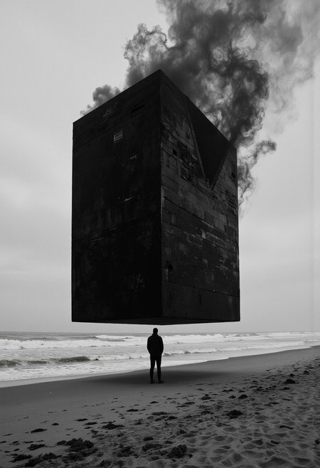 A detailed high resolution black and white cinematic photograph of  man standing on the beach with a large black cube, in style of beeple, metahuman, inspired by RyA«sei Kishida, deep dark universe, nightmare anomalies, dark building, six sided, concept image, the energy is released, the cube
 <lora:Exogenous:1>