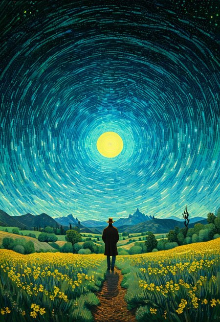 A man stands in the wilderness, blue dot light spinning, Vincent van Gogh's painting style, pointillism style, magnificent landscapes, illustrations, negative space, intagliography, art, minimalism<lora:xl_more_art-full_v1:0.5>