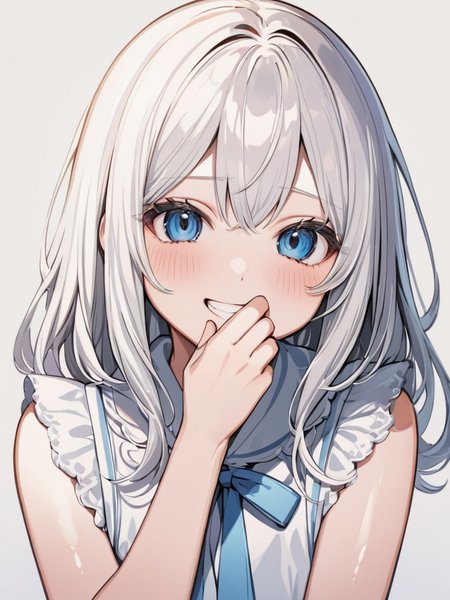 masterpiece,ultra-detailed,best quality,8K,illustration,cute face,clean skin ,shiny hair,girl,ultra-detailed-eyes,simple background, <lora:add-detail-xl:1>   <lora:hand over own mouth_XL_V1.0:1> hand over own mouth, covering own mouth, blush,grin