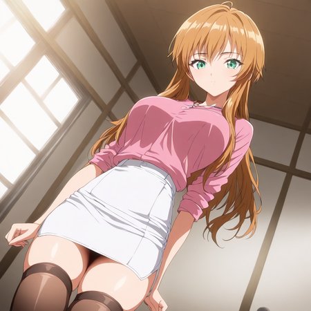 masterpiece,high score,great score,absurdres,looking at viewer,1girl,solo,cowboy_shot,pink shirt,white pencil skirt,thighhighs,<lora:Misaki_Hold ag4o v1:1> misaki_hold, brown hair, long hair, green eyes,