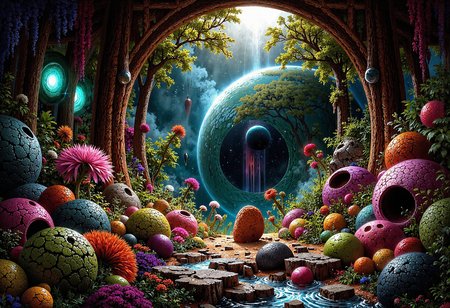 (in full view:1.2), (seen from a distance, wide angle:0.55), The style a combination of [Issac Asimov|Igor Zenin|Heather Theurer], Under lighting, alien planet, alien plants, bioluminescent plants. Harmonious madness, synergy with chance, unique art style, mind bending art. Digital painting in a realistic style representing strange visions of A forest, struck by a meteorite that has been altered by radiation coming from the meteor. The forest, once a popular place for walks has transformed into something out of another reality. The trees, plants and animals have all begun to transform into life forms alien to earth. The wild flowers have developed unusual growth patterns, most have become vines with smaller flowers and are less colorful. The trees have stayed their usual green color but their shape and size have been altered. Even nonliving things have been altered such as boulders, steel and concrete.    A digital rendering covering the entire area, high-res, ultra detailed, photo manipulation, altered realities, <lora:+FluxVelvet's_Mythic_Fantasy:0.7> <lora:Midjourney_Whisper_Chromaplex_Velvet_Myst_v01:0.4> <lora:Epic_gorgeous_Details-flux.1:0.4> <lora:Amazing_scenery_v3:0.6> <lora:UltraReal_Fine-Tune:0.3> <lora:Realism-lora-Flux:0.6> <lora:low-light-flux-v2:0.5>