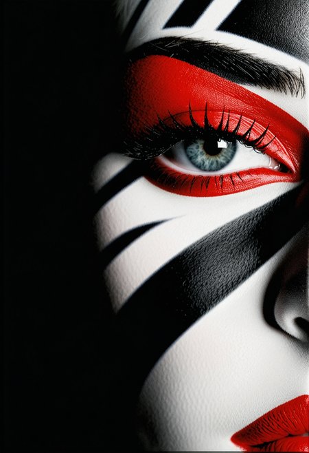 A striking close-up profile of a woman’s face adorned with bold, black stripes that wrap around the contours of her face, creating a hypnotic, zebra-like pattern against her smooth, pale skin. Her eyelids are covered in deep, matte black makeup that accentuates her long eyelashes, while her lips stand out in a glossy, vibrant red, offering a sharp contrast to the monochrome stripes. The image is minimalist yet visually intense, with the pattern seamlessly flowing across her features, evoking a sense of modern art and surreal beauty.

RAW photo, masterpiece, photorealistic, 8k, best quality, stunning eyes, skin detail, skin pores, blemishes