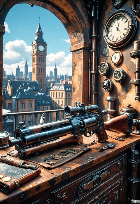 SmoothNoob_Quality, steampunk, steampunk gun, hunting rifle, close-up, industrial pipes, gun on table, architecture, blue sky, bridge, building, cityscape, clock tower, <lora:Smooth_Booster:0.5>​​​