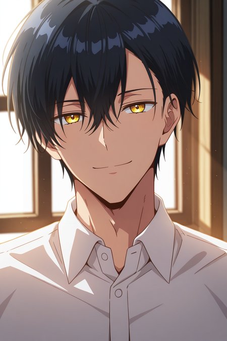 masterpiece, best quality, amazing quality, very aesthetic, high resolution, ultra-detailed, absurdres, newest, scenery, volumetric lighting, depth of field, 1boy, solo, male focus, <lora:noah:0.93>,noah wynknight,black hair,golden eyes,short hair,bangs,looking at viewer, smile, shirt, hair between eyes, closed mouth, white shirt, upper body, collared shirt, indoors, window, portrait, backlighting,closed face