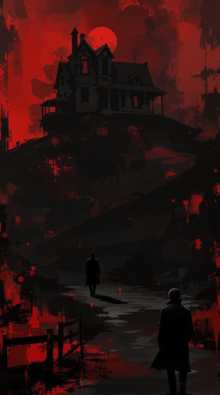 "Create a minimalistic digital painting of a figure sitting on a bench, a photo of a male figure in an investigators trench coat, and extremely old and creepy abandoned house on a hill, all in a layered format, using a dark color palette of black and red. The outer layer is the photo of the man, the middle layer is the figure on the bench, and the inner layer is the abandoned home on the hill. The painting should be abstract, with bold and expressive brush strokes that add a sense of drama and mystery. The layers should blend into the dark, abstract background. The contrast should be dramatic, with deep shadows and intense highlights that create a visually captivating and hauntingly beautiful scene. The overall atmosphere should be dark fantasy, evoking a sense of sultry mystery and darkness. The painting should be 4k high quality, suitable for a visually stunning wallpaper, with a dark and visually compelling aesthetic."
