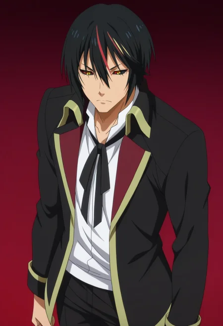 masterpiece, best quality, , anime screencap, anime coloring, official style,, 1boy, solo, male focus, <lora:diablo_tensura_ilxl:0.9>, diablo_tensura, black hair, yellow eyes, multicolored hair, streaked hair, red hair, hair between eyes, colored sclera, black sclera, black jacket, black ribbon, white shirt, black pants,