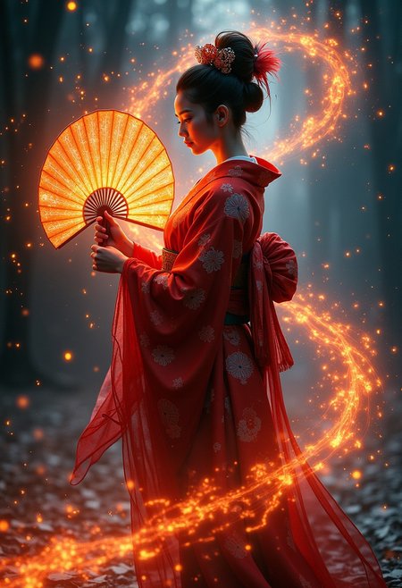 A mystical geisha surrounded by a magical aura, holding a Jedfrsw fire fan, embers float around her in a starry night setting