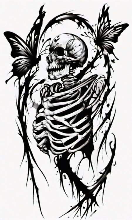 A skeleton was bleeding, holding a sickle, and butterflies were flying,draktattoo,white background <lora:diablo-1119:1>