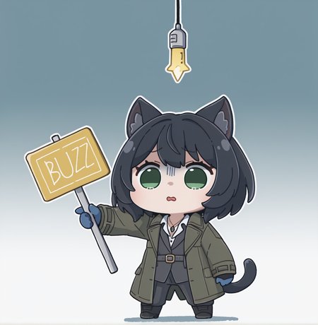 masterpiece, best quality, arikuigames1105, chibi BREAK (chibi, tail, cat ears, holding a yellow lighting bolt that has a plug, there is a sign with text "buzz" on it, pointing at sign, scared:1.4), (navy blue gradient background:1.2), chibi pd3_joy, solo, 1girl, solo, gloves, jewelry, green eyes, necklace, coat, pants, blue gloves, full body, arms, black hair, vest, shirt, black footwear, short hair, belt, boots, <lora:Arikuigames1105IllustriousV1:1>, <lora:PAYDAY_3_-_Joy_ILXL:1>