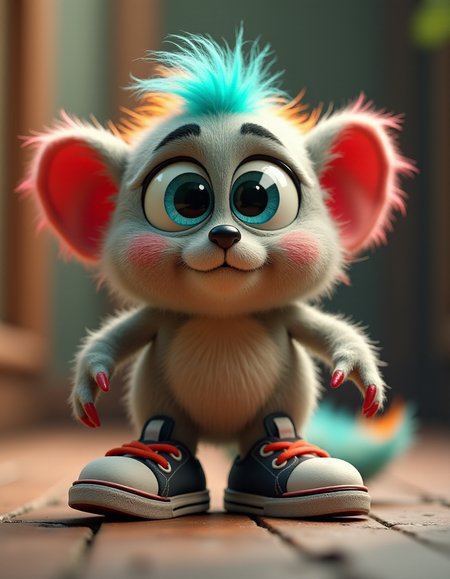 An adorable CGI monster with bulky tennis shoes and big adorable eyes. Multi-colored fur, beautiful shadows, detailed textures, detailed scene, ultra detailed, best quality, 4K, hyperdetailed image, realistic skin texture, photorealistic image, ray tracing<lora:add-detail-xl:1> <lora:Flux-style-xl-lora:1> <lora:extremely_detailed:1> <lora:xl_more_art-full_v1:1>  <lora:ElvenInterior:1>