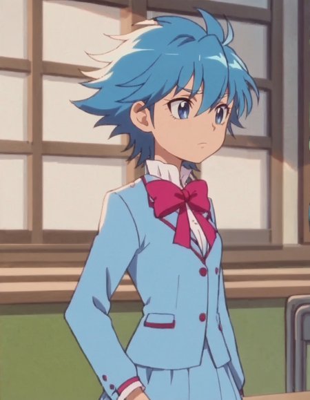 score_9, score_8_up, score_7_up, anime screencap, solo,1girl,nishijimawaon, school uniform,blue hair,blue eyes, blue shirt, skirt, pink bow,long sleeve,cowboy shot,small breasts<lora:nishijimawaon:0.8>,