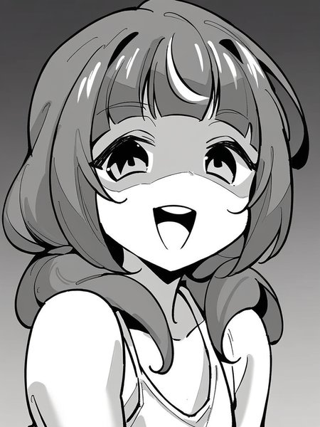 score_9, score_8_up, score_7_up,  
1girl, monochrome, utsuho tk, grey hair, flat chest, low twintails,

upper body, white tank top, smile, open mouth, shaded eyes, black eyes, looking at viewer,