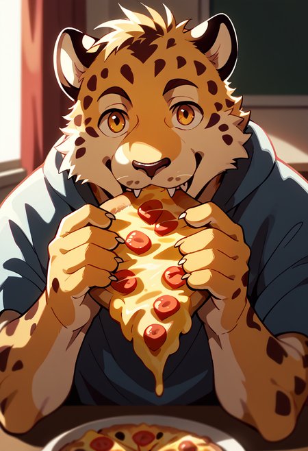 score_9, score_8_up, score_7_up, high quality, hires, by fruitz, furry, male, leopard, solo, eating, pizza slice, looking at viewer, happy, inside, <lora:Fruitz_style:1.2>