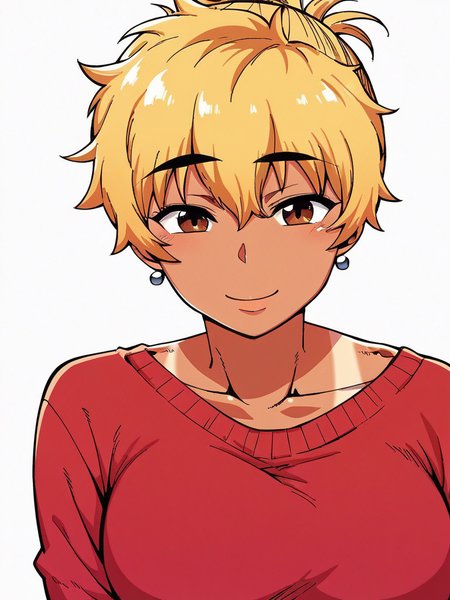 score_9, score_8_up, score_7_up,  
1girl, akina tk, mature female, folded ponytail, one-piece tan, large breasts, blonde hair, brown eyes,

upper body, smile, looking at viewer, closed mouth, red sweater, long sleeves, white background, 
