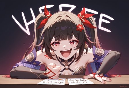 safe_pos, score_9, score_8_up, score_7_up, source_anime, Sparkleee_Honkai, ed_eyes, black_hair, twintails, long_hair, mole_under_eye, tattoo, small_breasts, Wheeze, open mouth, tears, laughing, hand on table, english text, clenched hand
