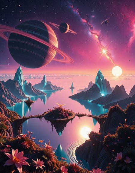 A breathtaking, high-resolution photograph of a celestial paradiseâa stunning, habitable planet floating in the vastness of space. The sky is a mesmerizing blend of deep purples, blues, and pinks, illuminated by twin suns casting golden light over the landscape. Towering crystal mountains shimmer in the distance, reflecting the vibrant hues of the nebula-filled sky. A vast, glowing ocean stretches across the horizon, its surface gently rippling with bioluminescent waves. Floating islands covered in lush, alien vegetation hover above the water, connected by natural bridges of luminescent vines. Exotic, radiant flowers bloom in every color imaginable, while gentle, ethereal creatures with translucent wings glide through the air. In the sky, a massive ringed gas giant looms majestically, its swirling clouds casting soft shadows over the dreamlike terrain. The air shimmers with floating particles of light, creating a surreal, otherworldly ambiance. The entire scene feels like a cosmic utopiaâtranquil, awe-inspiring, and untouched by time.
<lora:SDXLFaeTastic2400:0.4> <lora:extremely_detailed:0.4> extremely detailed,Celestial p4r4d1s3, <lora:Celestial_p4r4d1s3-i:1>, Masterpiece,best quality,hi res,8k,hi res,8k,award winning,(sharp focus, intricate, highly detailed),