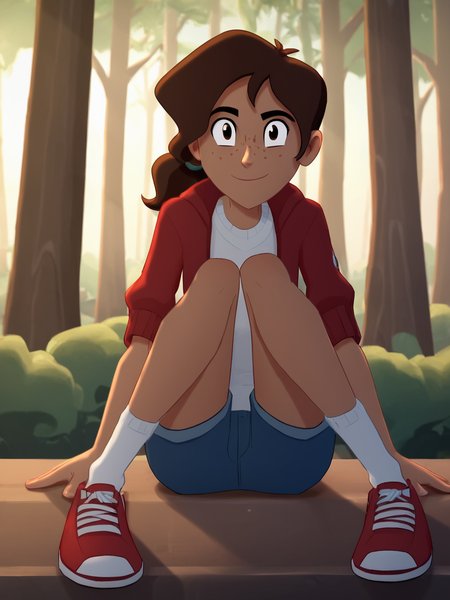 score_9, score_8_up, score_7_up, BREAK, Jun3D3lT0r0, 1girl, solo, brown hair, brown eyes, ponytail, freckles, white shirt, red jacket, denim shorts, white socks, red sneakers, smile, looking at viewer, sitting, forest, sunlight, shadows, natural lighting,   <lora:June Del Toro:1>
