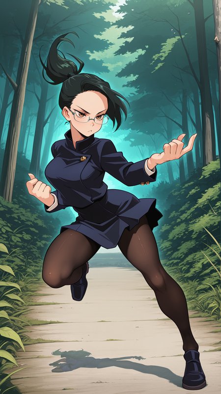 masterpiece, best quality, amazing quality, girl,  <lora:Crestyle_Illu_epoch_15:0.8>, Crestyle, dynamic pose, beckoning, <lora:Maki Zenin - Illu:0.8> dark green hair, ponytail, glasses, brown eyes, blue jacket, blue skirt, jujutsu tech uniform, pantyhose, nature,