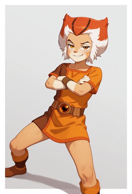 1boy, male focus, cute boy, Wilykat, Two-tone fur, Two-tone hair, orange hair, white hair, black streaks in hair, amber eyes, feline eyes, Two-tone tunic, Orange and brown tunic, wristbands, arms crossed, smug smile, simple background, graphic border, cinematic, intricately detailed illustration, depth of field, masterpiece, best quality, amazing quality, very aesthetic, absurdres, newest, very awa, shadow, dynamic angle, casual cosplay, dynamic pose, action pose