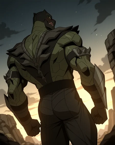 <lora:Reptile_(Mortal_Kombat_Legends_Scorpion's_Revenge)_(Illustrious)_(AD):1> Reptile_MK, muscular, Mortal Kombat, 
dutch angle, exterior, monumental architecture, wasteland, dark night sky with black clouds, mountains, ancient Asian stone ruins, 
male focus, gradient coloring, villain, cowboy shot, hyper muscular, back view, butt, 
BREAK very awe, aesthetically pleasing, masterpiece, best quality, amazing quality, very aesthetic, perfect depth of field shot, in'ei, source_furry, furry_art, 
Smooth Quality, lazympos, IllustQualXL_Pos,