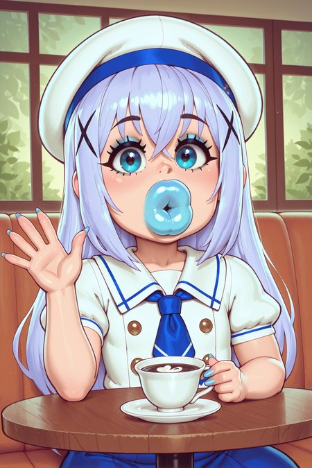 masterpiece, best quality, amazing quality, 

1girl, dutch angle, (artist:riz, artist:bbc-chan:1.5),

(puckered lips, bimbo lips, thick lips, puffy lips), enormous lips, long nails, light blue nails, smile, ((light blue lips)),  sitting across table, waving, holding cup,

((kafuu chino, kafuu chino's school uniform,  beret)),

flat chest, shiny skin, 

cafe, looking at viewer, 