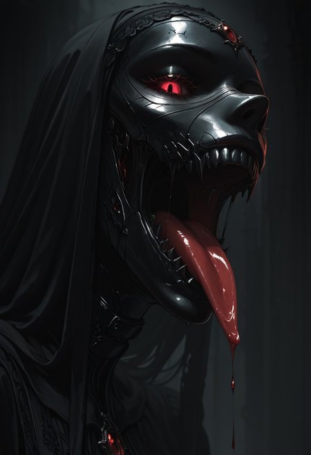 Tongue Closeup, balancing Gothic black Cherry on tongue, dmsty, masterpiece, best quality, good quality, newest, highres, absurdres, solo, Sideview, dark atmospheric, detailed, intricate,