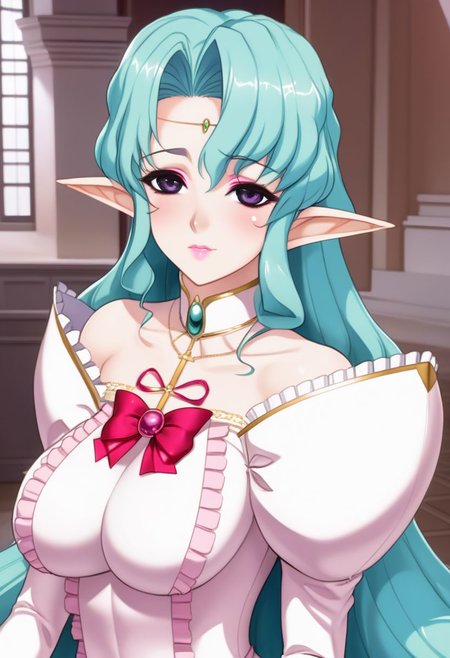 Arietta Elfinrine, delicate lady, violet eyes, detailed eyes, blush, Beautiful lips, lipgloss, luscius lips, teal hair, cross collar, pandant earrings, red ribbon on chest,  pink princess dress, elbow gloves, Forehead jewelry, delicated and intrincade, masterpiece, ultra detailed, 4k