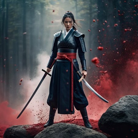 cinematic film still of  <lora:female samurai style:1.2>
an epic cinematic photo of a woman with a sword standing on a rock with pile of blood splash exploding on sword female samurai style, shallow depth of field, vignette, highly detailed, high budget, bokeh, cinemascope, moody, epic, gorgeous, film grain, grainy