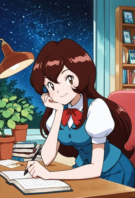 masterpiece, best quality, solo, curvy, beautiful eyes, aged up, large breasts, wide hips, narrow waist, 1girl, solo, smile, looking at viewer, zzGiselle, brown eyes, hair between eyes, brown hair, long hair,   red bowtie, puffy short sleeves, blue vest, buttons, blue skirt, smug,  <lora:GisellePokemon_IXL:1.0>,     , zzLofi, sitting, side view, desk, chair, book, bookshelf, head rest, holding, holding pen, lamp, night, open book, pen, plant, potted plant, sky, star (sky), starry sky, window, windowsill, writing, <lora:LofiGirl_Style_IXL:0.8>,