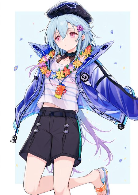 <lora:ShimizuAkina250208:1>,ShimizuAkina,OcBoy,<lora:mizuki_arknights_for_IL:1>,mizuki_\(remove\)_\(arknights\),mizuki_\(summer_feast\)_\(arknights\),blue hair,black headwear,pink eyes,gradient hair,beret,black collar,hair ornament,striped shirt,cropped legs,flower necklace,blue jacket,sandals,<lora:NOOB_vp1_detailer_by_volnovik_v1:1>,<lora:noobai_ep11_stabilizer_v0.138_fp16:1>,