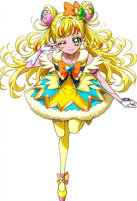pretty cure, Check Images/Description, style eyes, nose, characters, eyes character, precure face character, white background, simple background, 1girl, solo, one eye closed, thighhighs, blonde hair, magical girl, gloves, hair bun, smile, white gloves, full body, looking at viewer, green eyes, earrings, yellow vest, standing, jewelry, skirt, heart, twintails, hair ornament, heart hair ornament, yellow footwear, high heels, layered skirt, standing on one leg, pom pom \(clothes\), pom pom earrings, zettai ryouiki, eyelashes, bow, closed mouth, hand on own hip, double bun, yellow choker, vest, long hair, shoes, signature, flower, choker, yellow dress, bubble skirt, sparkle, ;\), dress, sleeveless, short hair, Light yellow thighhighs, light red skirt, miniskirt, makeup, thick eyelashes, arm strap, bare shoulders, leg up, multicolored skirt, shirt, orange bow, hair bow, blush, brooch, back bow, yellow shirt, blue skirt, yellow eyes, fur trim, ankle bow, fingerless gloves, detached sleeves, hair flower, yellow bow, puffy sleeves, finger to face, happy, yellow theme, hair medium, hair highlights,