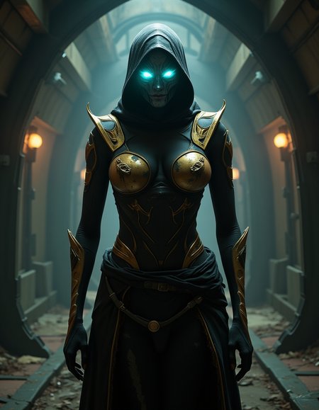 hyperrealistic, photo, masterpiece, stunning, best quality,
Create a detailed portrait of a Zariman character from Warframe video game, a member of The Holdfasts. Depict her as a spectral, Void-touched figure, existing between life and death. Their form should blend Orokin elegance with eerie, corrupted elements golden accents and flowing robes torn by Void energy, with faint wisps of ethereal light emanating from their body. Their face is obscured by a mask and shadowed hood, revealing only glowing, hollow eyes. The background should feature the haunting, abandoned corridors of the Zariman Ten Zero, with twisted metal, flickering lights, and faint traces of a mysterious song echoing through the void. Emphasize a sense of tragic resilience and otherworldly power.
perfect lighting, professional, high contrast, bright colors, intricate details, (high quality texture), (sharp), (artistic image), 8K, highly detailed, fantasy, vivid, rich details,