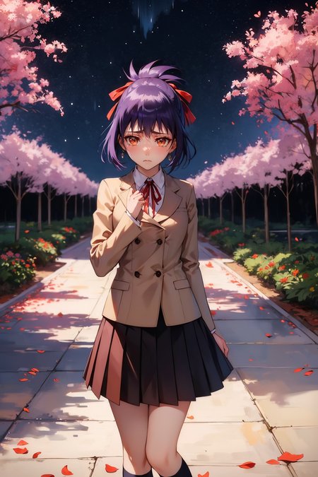 masterpiece, best quality, <lora:blsenna-nvwls-v1-000009:0.9> blsenna, purple hair, hair ribbon, blazer, pleated skirt, socks, hand to heart, night sky, aurora, furrowed brow, tears in eyes, petals, flowers, trees, standing, cowboy shot, abstract background, colored lights