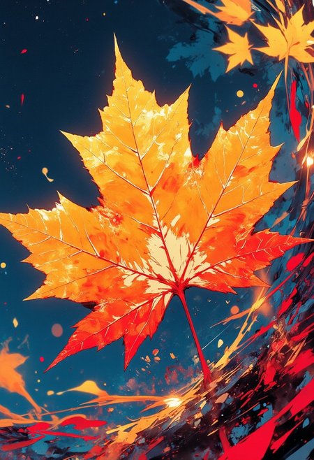 Mh1$AgThS2
A hyper-detailed maple leaf in extreme closeup, its veins glowing with molten amber light that pulses like a living circulatory system. The leaf transitions from summer green at its stem to explosive crimson and gold at its tips, capturing the entire seasonal cycle in a single moment. Dew droplets cling to its serrated edges, each one containing a miniature reflection of the Canadian landscape—from Rocky Mountains to Maritime shores. The leaf appears suspended against a background of impossibly deep cobalt blue sky, creating a natural Canadian flag. Microscopic details reveal the leaf's cellular structure glowing with bioluminescent energy in patriotic red and white.
The entire composition radiates with the transcendent light of autumn, transforming a simple leaf into a spiritual experience.
Thin border of maple seed keys spiraling in wind patterns on a epic chrome red and gold border background