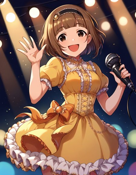score_9,score_8_up,score_7_up,1girl,solo,cowboy shot,looking at viewer,smile,open mouth,holding microphone,waving,stage lights,
<lora:kitamiyuzu_ponyXLV6:0.8>,cgky,
brown hair,short hair,blunt bangs,brown eyes,
hairband,yellow dress,puffy short sleeves,frilled skirt