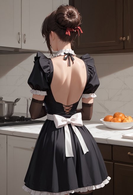 score_9, score_8_up, score_7_up, source_anime, masterpiece, 4k, high quality, (best quality:1.1), solo , 1girl, brown hair, large breasts,, back view, facing away, kitchen, messy bun, black maid dress, thighhighs, long gloves transparent gloves, fingerless gloves, , back bow,