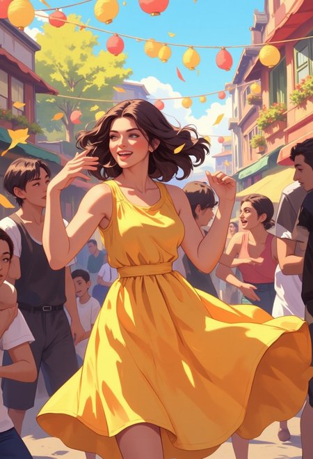 "Amidst a vibrant festival in a lively, colorful town square, a young woman dances with unbridled joy. Her bright, flowing dress swirls with every movement, reflecting the colors of the surrounding celebration. Her eyes sparkle with happiness, and her radiant smile lights up the scene. She tosses flower petals into the air, which catch the sunlight as they flutter down. Around her, musicians play upbeat tunes while children laugh and dance alongside her. Lanterns hang overhead, and the scent of sweet pastries fills the air. The entire atmosphere is alive with energy, reflecting the pure, uncontainable essence of joy."