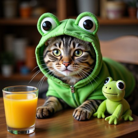 Professional photograph of  A cute tabby cat wearing a green frog costume, sitting at a table. The cat has big green eyes and a content expression. There is a glass of orange juice on the table and a plush frog toy next to the cat. aidmafluxpro1.1, aidmaMJ6.1, aidmaimageupgrader, aidmaHyperrealism