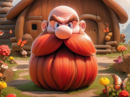 UHD, highly detailed, masterpiece,Mario as Harry_Dwarf,  <lora:Harry_Dwarf:1>, red long beard, braided moustache,  bald, field, flowers, butterflies, bees, log cabin in the background, (butterfly on nose), whimsical