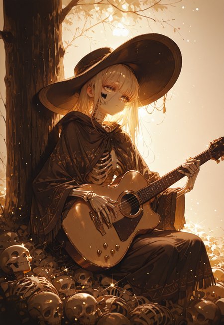 masterpiece, best quality, very aesthetic, absurdres, ambient light, soft light, SagawaStyle, Bright_illu,sparkle,too many light particles, ICJournals, blocky, painterly,
no humans, no hair, skeleton, a skeleton laying against a tree, playing guitar, hands on guitar, poncho, traditional pattern, large round hat, brim of hat covers half of his head, golden hour lighting, peaceful, amazing quality, very aesthetic, skeleton focus, face focus, 
high detail, soft shadows