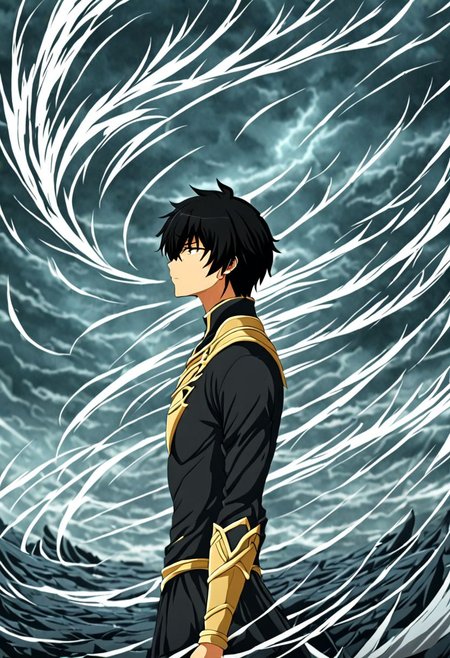 high resolution, solo, best quality, 1Boy, Seiya Kanie, black hair, short hair, thin, existential longing, fantasy background, strong wind, OverallDetail