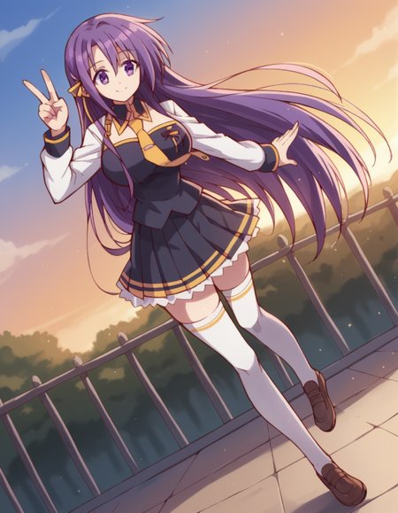 score_9, score_8_up, score_7_up, source_anime, <lora:fianna-ray-ordesia-s1-ponyxl-lora-nochekaiser:1>, fianna ray ordesia, long hair, large breasts, very long hair, ribbon, purple eyes, hair ribbon, purple hair,, skirt, thighhighs, school uniform, necktie, long sleeves, black skirt, pleated skirt, suburban neighborhood, morning jog, earphones, running shoes, fresh air, sunrise, smile, , v, v over eyes,, solo,, cowboy shot, dutch angle